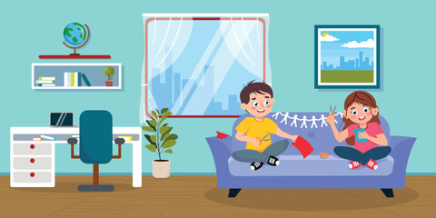 Vector illustration of cute kids making paper airplanes. A cartoon scene with a smiling boy and girl sitting in a room on a sofa and cutting out paper airplanes isolated on a white background.