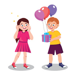 Vector illustration of a cute boy giving a gift to a girl. A cartoon scene with a smiling boy congratulating on the holiday and giving a girl a gift and balloons isolated on a white background.
