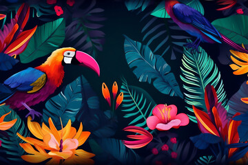 Vibrant tropical design with a variety of leaves, fruits, flowers, and birds on a white background.generative ai