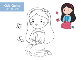 Number game. Dot to dot. Cute Snow White with apple. Cartoon princess. Fairy tale character. Educational puzzle. Printable activity page for kids. Connect the dots and color. Vector illustration.