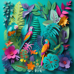 Lush rainforest-inspired pattern with palm trees, philodendron leaves, and toucans. generative ai