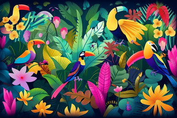 Vibrant jungle print with foliage, floral motifs and tropical birds. generative ai.