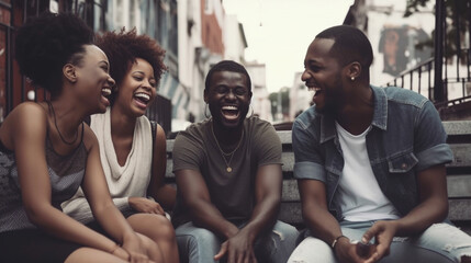 Group of African American friends laughing and having fun together outside in a city. generative AI