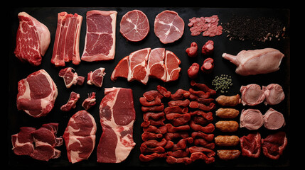 Overhead look at various butcher cuts of meat. Prime steak ready for sale at the market. generative AI