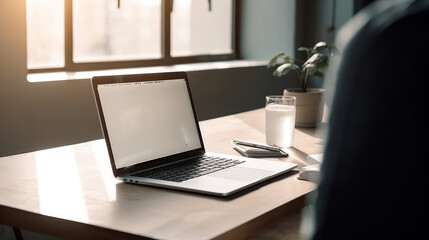 A young man is using a laptop with a mockup screen that is blank. working at his desk is a businessman. Freelancing, a student's way of life, online shopping, a website concept - Generative AI