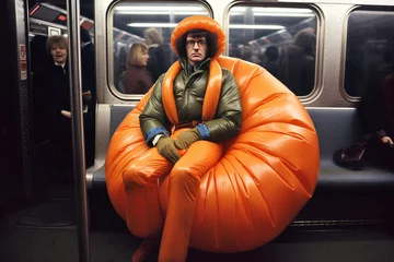 Fotobehang Man on New York City subway wearing absurd fashion with orange suspenders, matching hat and a giant, puffy bean bag appendage to sit on. generative AI © Haydiddle