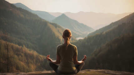 Fototapeta na wymiar At dusk, a young woman is doing yoga in the mountains. Harmony, mindfulness, healthy living, stress reduction, yoga, and self-care - Generative AI