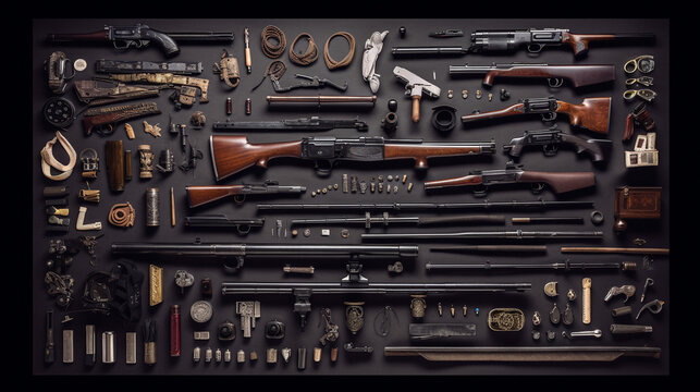 Overhead view of miscellaneous gun parts including pistol and rifle with barrel, trigger, and all components. generative AI