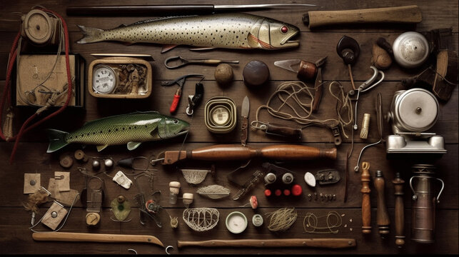 Overhead view of flat lay fishing tackle and supplies including lure, reel, hook and more to help angler catch fish. generative ai