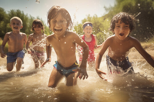 Group of happy kids having summer fun splashing, laughing, playing in the sunshine. generative AI