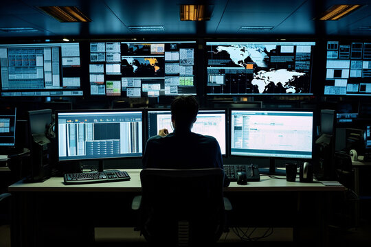 Man working in digital tech office space surrounded by dozens of computer monitors. generative AI