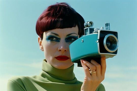 Retro image of futuristic woman with a science fiction camera and big 1970s makeup. generative AI
