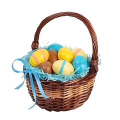Isolated Easter basket, in the basket lies paska, sausage, ham, Easter eggs, the basket is decorated with yellow and blue decorations, white background. Created with Generative AI technology.