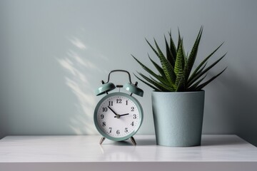 On a green table, against a white wall, are a grey alarm clock and a pretty plant. Blank space. Generative AI