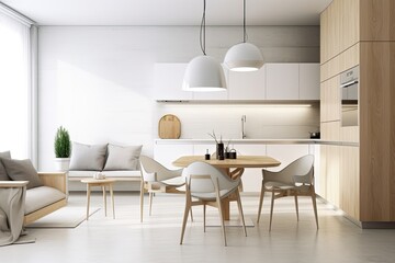 Fototapeta premium Living room and kitchen interior, white and beige Scandinavian style walls. Interior Scene and Mockup. Generative AI