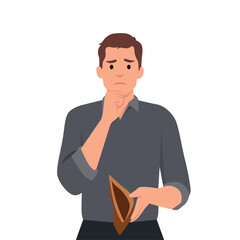Distressed man with empty wallet suffer from bankruptcy. Unhappy frustrated male have cash flowing from purse. Finance problems. He is getting idea from book. Flat vector illustration 