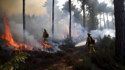 Fototapeta premium Firefighters battle a wildfire that burned a forest, charred trees and smoke.. The impact of global warming in world on changing seasons and climate, and the urgent need for action. generative ai