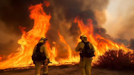 Firefighters battle a wildfire that burned a forest, charred trees and smoke.. The impact of global warming in world on changing seasons and climate, and the urgent need for action. generative ai