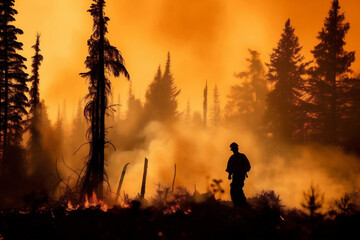 Naklejka na ściany i meble Firefighters battle a wildfire that burned a forest, charred trees and smoke.. The impact of global warming in world on changing seasons and climate, and the urgent need for action. generative ai