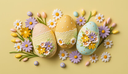 Fototapeta na wymiar Candy eggs and flowers easter scene background generative ai