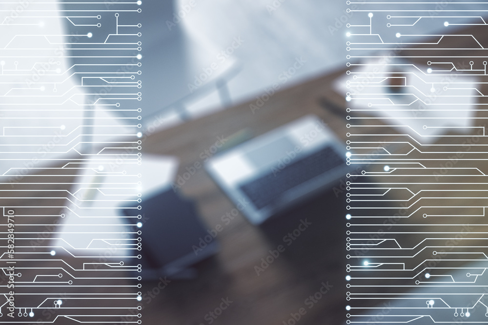 Aufkleber Creative concept of microscheme illustration and modern desktop with computer on background. Big data and database concept. Multiexposure
