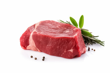 Raw roast beef meat with ingredients isolated on white background. Raw fresh meat Ribeye Steak. generative ai
