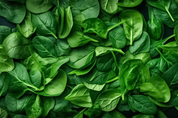 Fototapeta na wymiar Top view on fresh organic spinach leaves. Versatile and nutritious vegetables, super green with antioxidants. Healthy green food and vegan background. generative ai