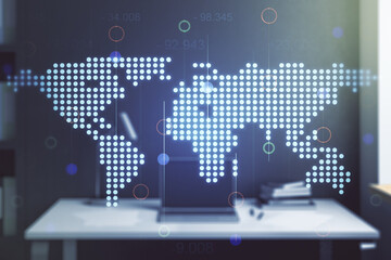 Naklejka premium Abstract creative digital world map and modern desktop with pc on background, globalization concept. Multiexposure