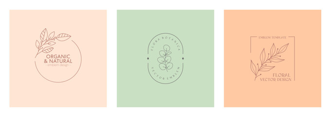 Vector floral organic emblems.Natural logo designs with linear eucalyptus branch and frames.Modern eco or bio badges in trendy minimalist style.Branding design templates.