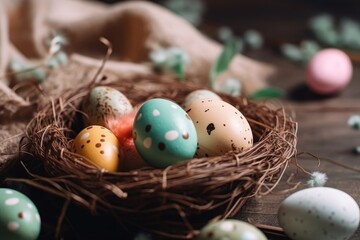 Obraz premium Happy Easter. Congratulatory easter background. Easter eggs, flowers, fenders and nest. Generative AI.