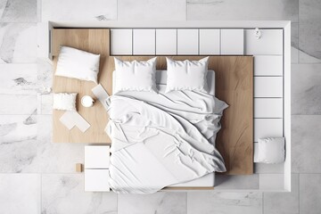 Concept for an architect's interior an incomplete project that materializes, a minimalist bedroom with a bed covered in pillows and blankets, parquet, bedside tables, and carpet, and a top view