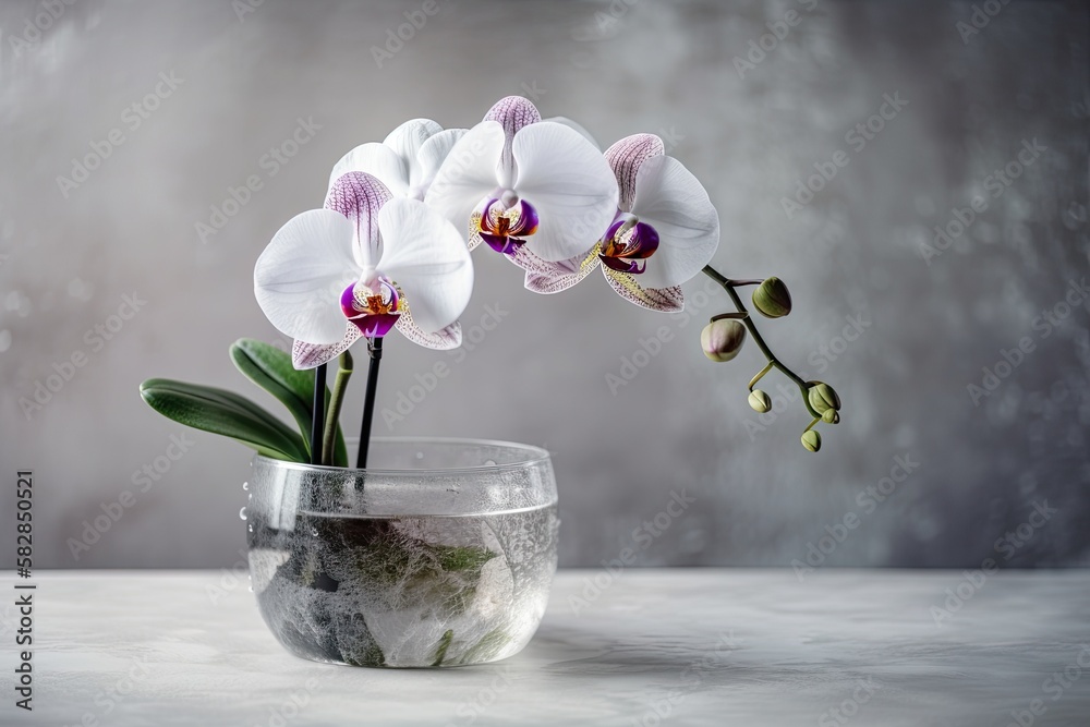 Canvas Prints Beautiful white pink orchid phalaenopsis in bloom in a pot on a glass table with a light wall background. indoor flowers in a home. a mockup with copy. Generative AI