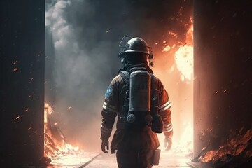  Firefighter searching for possible survives. Generative AI

