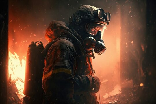  Firefighter searching for possible survives. Generative AI

