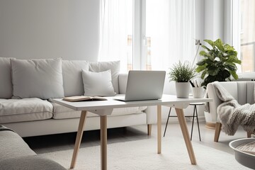 Scandinavian modern decor. White sofa, chic coffee table, laptop, book with fabric cover. Interior of a minimalistic home. Generative AI