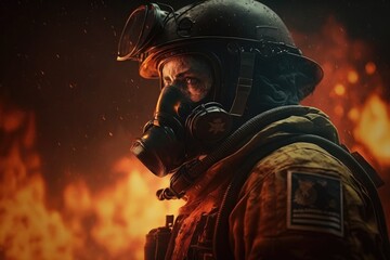 Firefighter searching for possible survives. Generative AI
