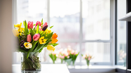 A bright and inviting kitchen interior, filled with the colors and scents of spring. Focusing on the bouquets of flowers.