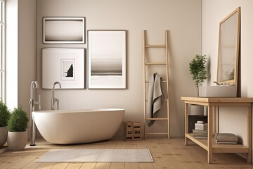 Fototapeta na wymiar Interior bathroom with tub and parquet flooring. Ladder and rack with accessories for towel rails. towels on a table. mock up canvas on a beige background,. Generative AI
