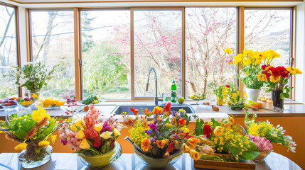 A rural, bright, and inviting kitchen interior, filled with the colors and scents of spring. Focusing on the abundance of fresh produce and bouquets of flowers.