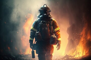 Naklejka premium Firefighter searching for possible survives. Generative AI