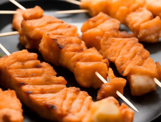 Appetizing pieces of fried salmon on skewers. Created with generative AI