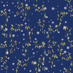 Seamless floral pattern with tree branches and snowflakes. Delicate vines with green leaves on blue background.