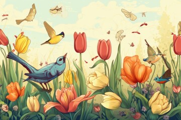 Obraz premium Happy Easter. Congratulations easter background. Spring flowers, bubs, and birds. Generative AI.