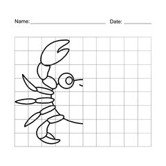 Symmetry drawing puzzle for kids. Complete the crab illustration.  Ready to print vector worksheet for fun preschool education activity.
