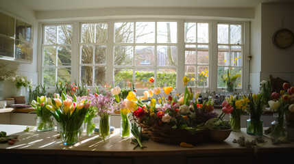 Fototapeta premium A residential, bright, and inviting kitchen interior, filled with the colors and scents of spring. Focusing on the abundance of fresh produce and bouquets of flowers.