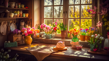Fototapeta na wymiar A warm bright and inviting kitchen interior, filled with the colors and scents of spring. Focusing on the abundance of fresh produce and bouquets of flowers.