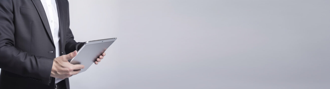 Gesch&auml;ftsmann im Anzug mit Tablet in der Hand, Generative AI