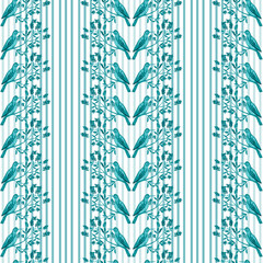 Seamless pattern in blue tones with birds drawn in watercolor and vertical stripes.
