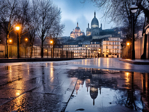 Paris on a rainy day at dawn, the Sacré-Cœur is reflected in a puddle - generative AI