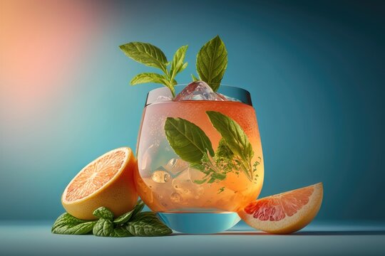 Summer grapefruit cocktail. Fresh healthy grapefruit beverage with herbs on sunlight with hard shadows. AI generation